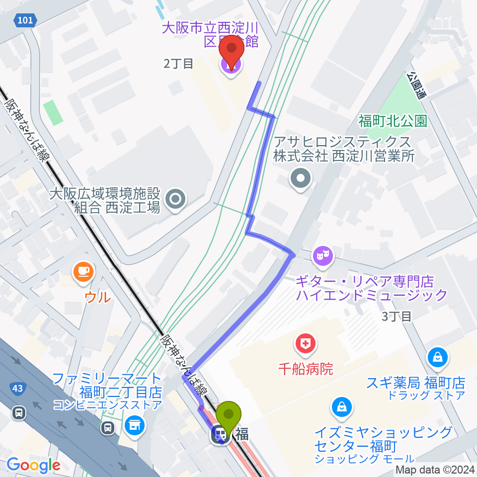 西淀川区民会館（エルモ西淀川）の最寄駅福駅からの徒歩ルート（約6分）地図