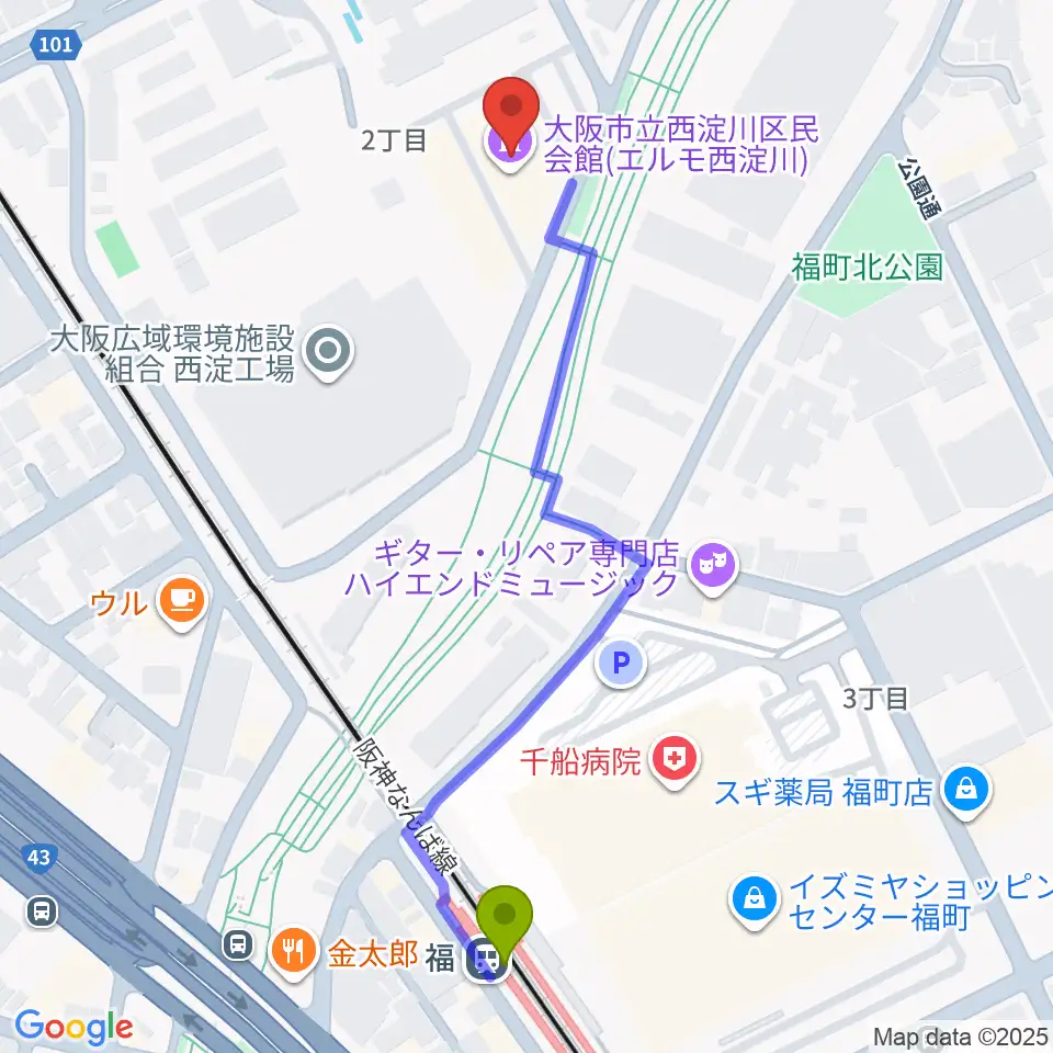 西淀川区民会館（エルモ西淀川）の最寄駅福駅からの徒歩ルート（約6分）地図