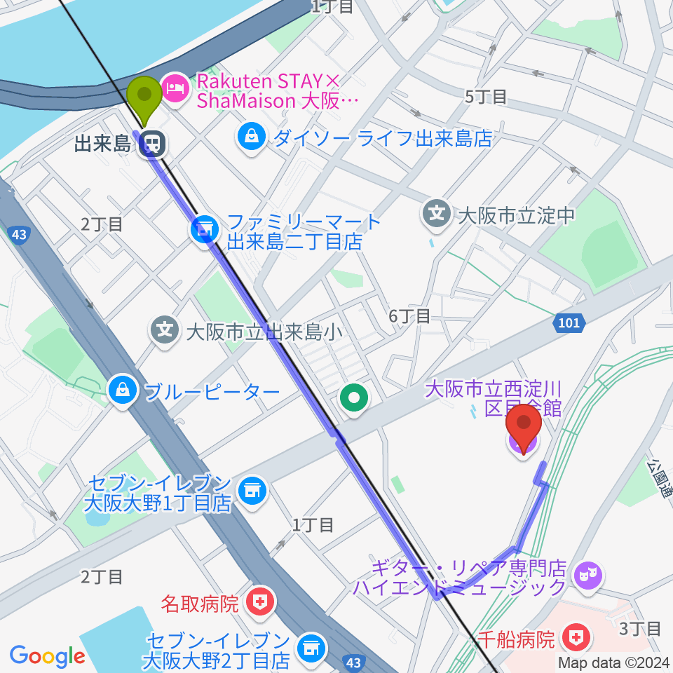 出来島駅から西淀川区民会館（エルモ西淀川）へのルートマップ地図