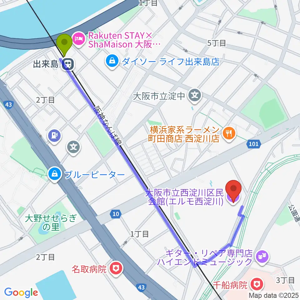 出来島駅から西淀川区民会館（エルモ西淀川）へのルートマップ地図