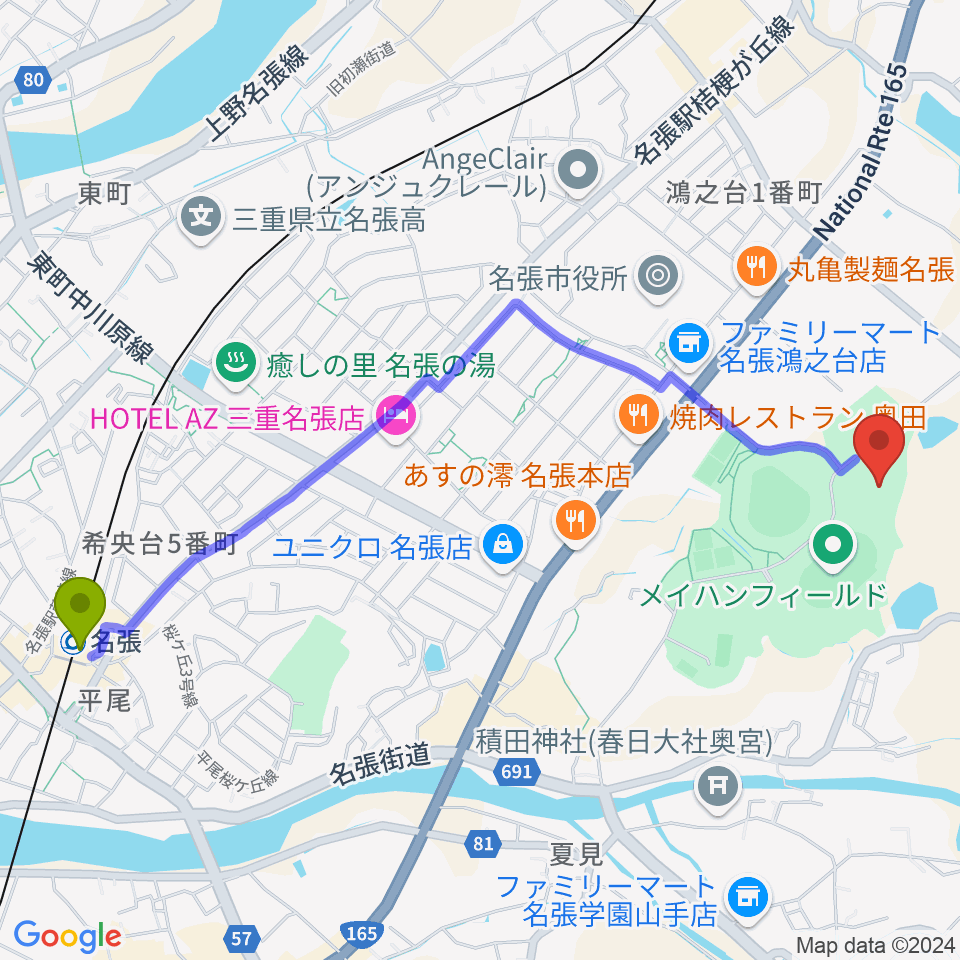 マツヤマSSKアリーナの最寄駅名張駅からの徒歩ルート（約27分）地図