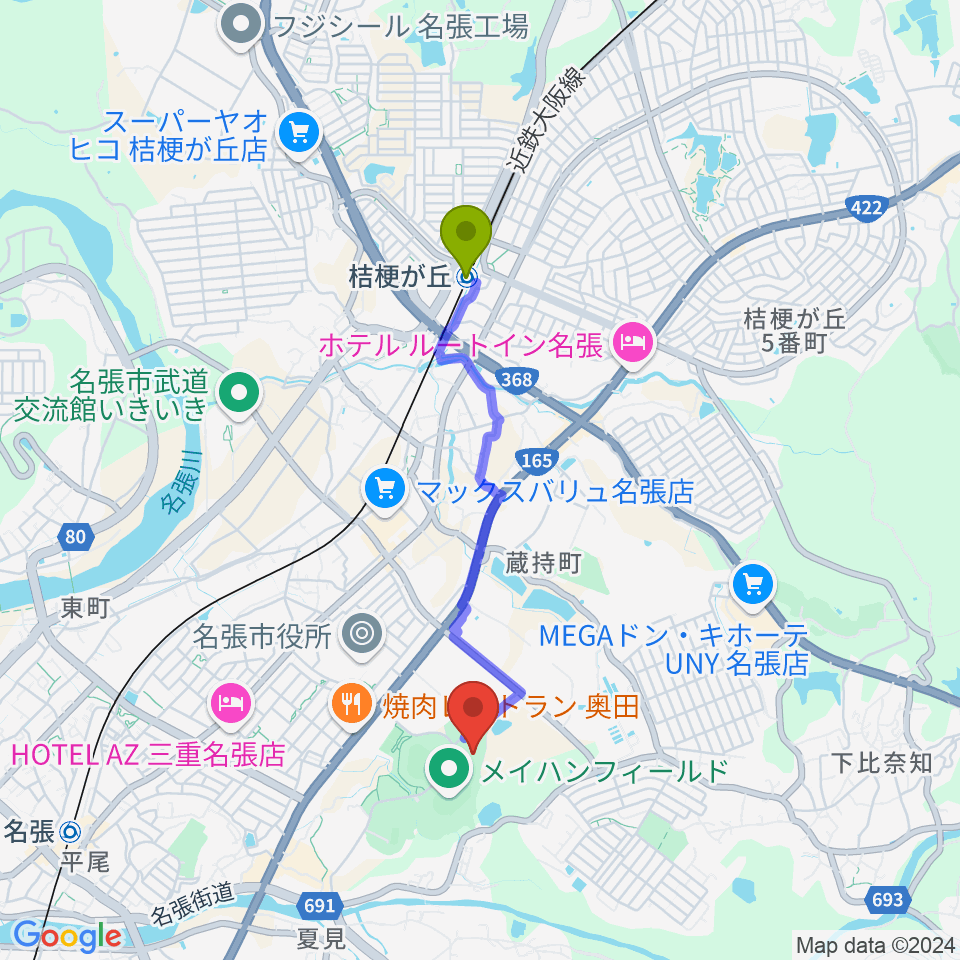 桔梗が丘駅からマツヤマSSKアリーナへのルートマップ地図