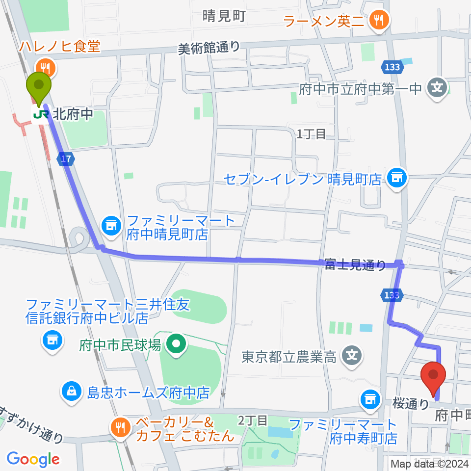 北府中駅からラジオフチューズへのルートマップ地図