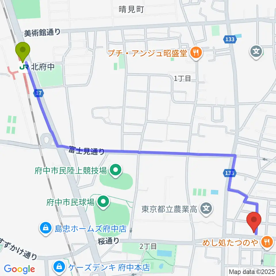 北府中駅からラジオフチューズへのルートマップ地図