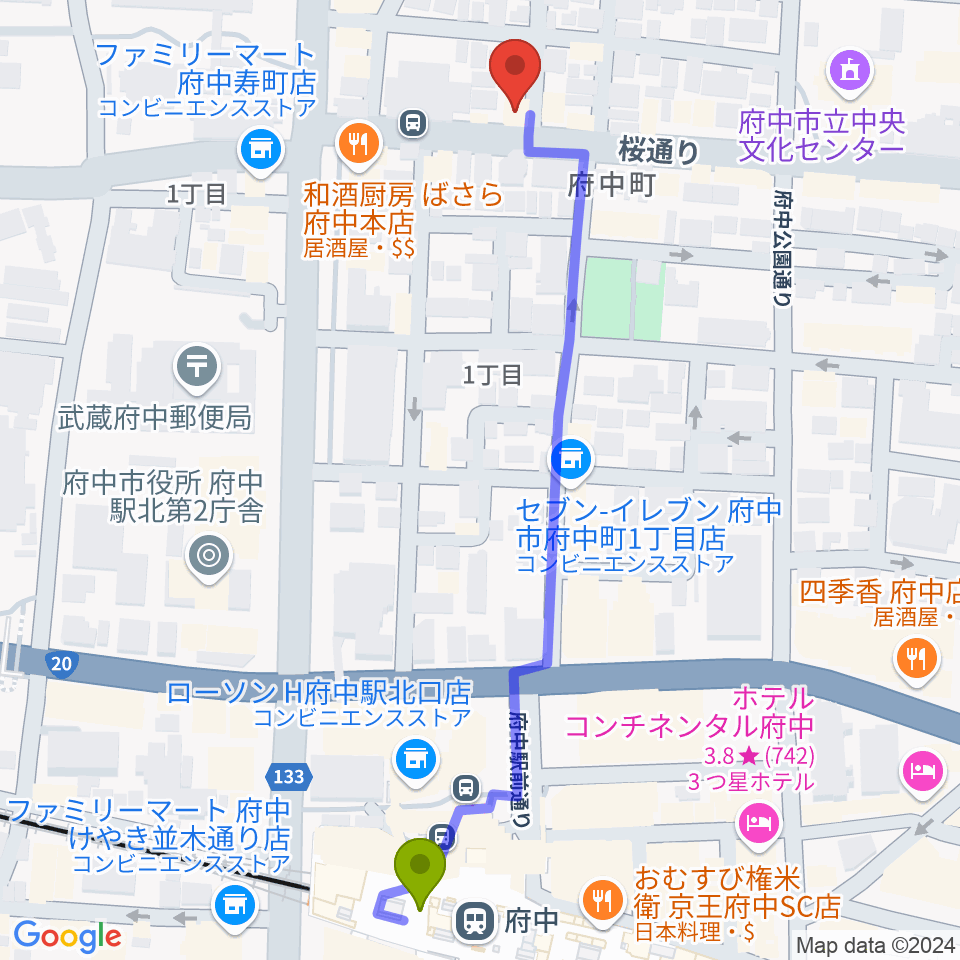 ラジオフチューズの最寄駅府中駅からの徒歩ルート（約6分）地図