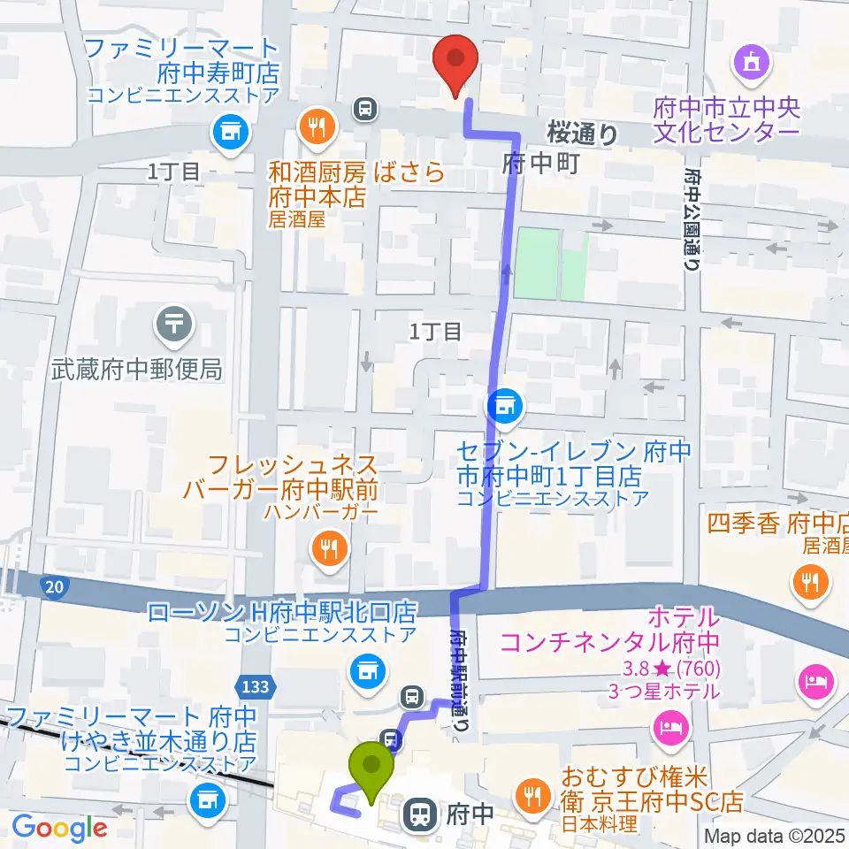 ラジオフチューズの最寄駅府中駅からの徒歩ルート（約6分）地図