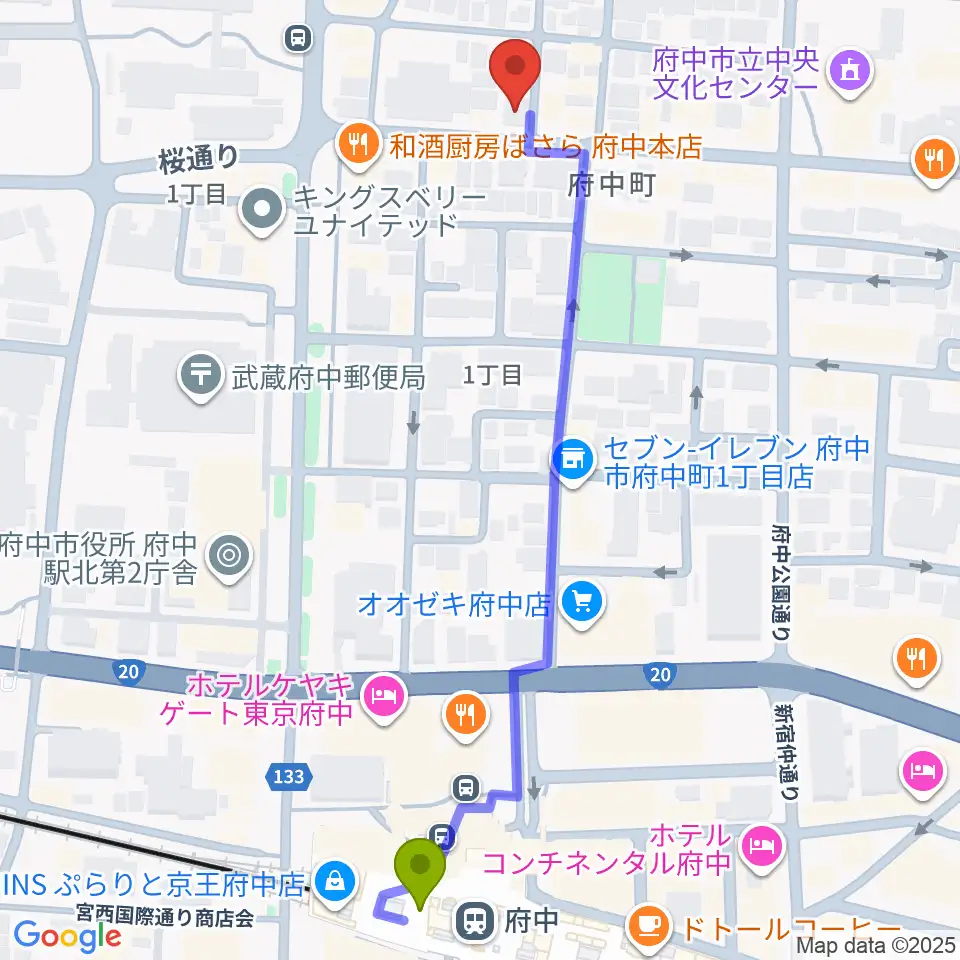 ラジオフチューズの最寄駅府中駅からの徒歩ルート（約6分）地図