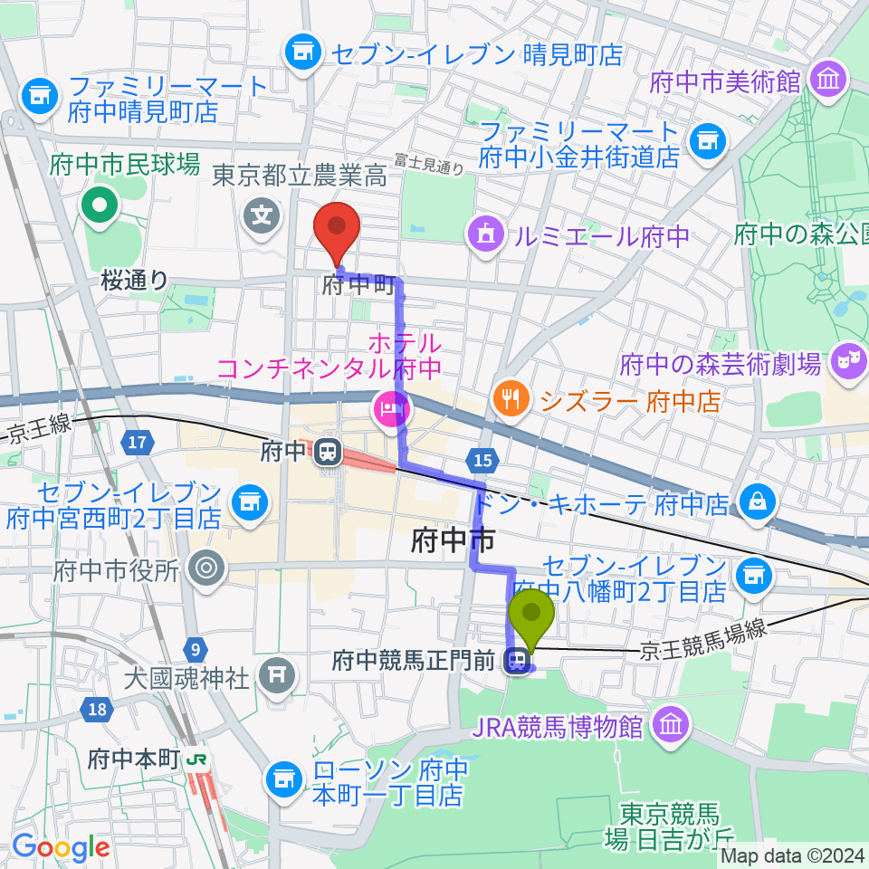 府中競馬正門前駅からラジオフチューズへのルートマップ地図