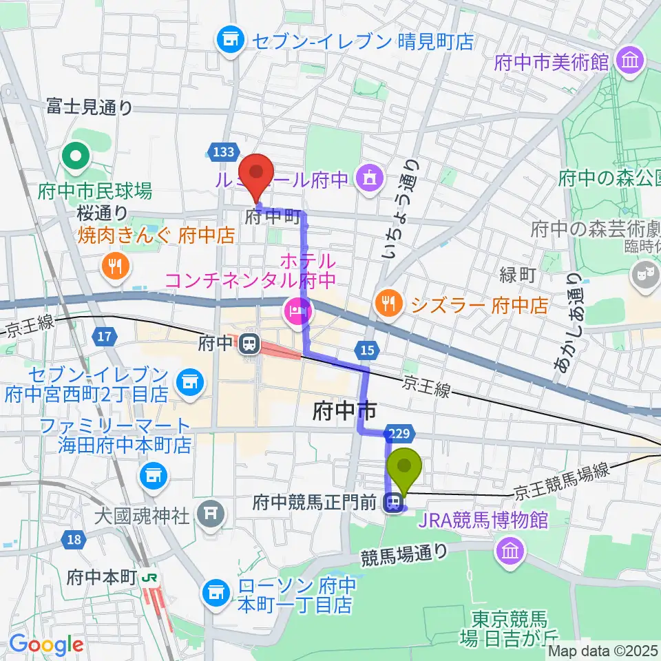 府中競馬正門前駅からラジオフチューズへのルートマップ地図