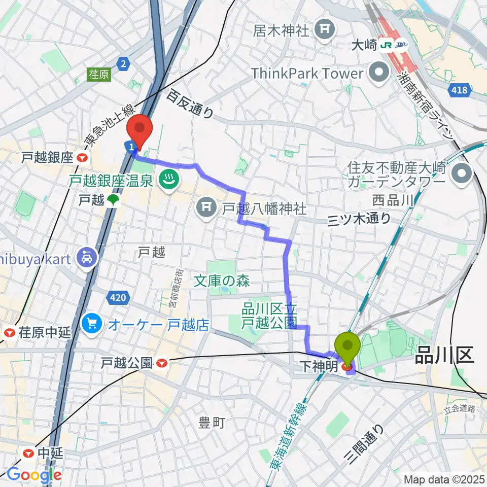 下神明駅からFMしながわへのルートマップ地図