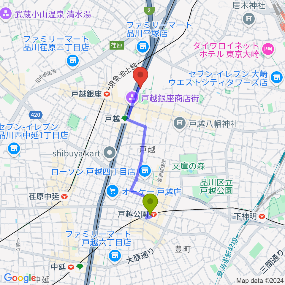 戸越公園駅からFMしながわ　へのルートマップ地図