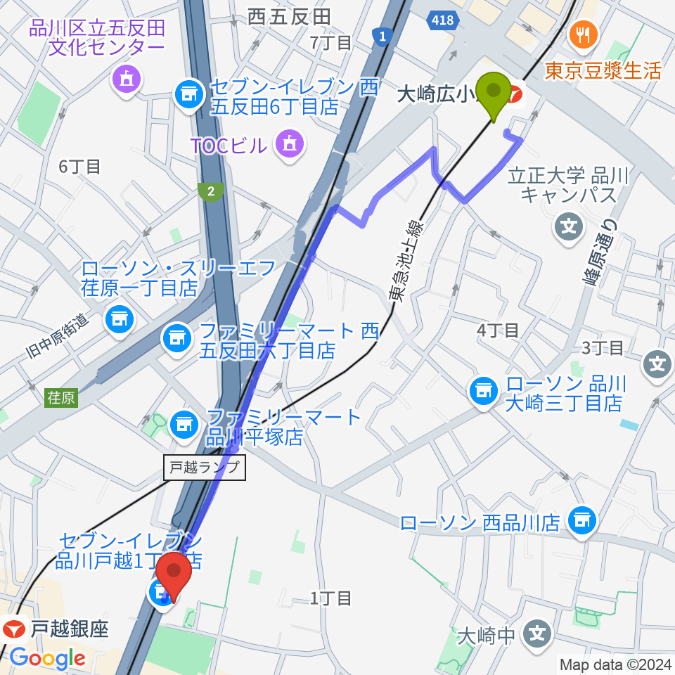 大崎広小路駅からFMしながわ　へのルートマップ地図