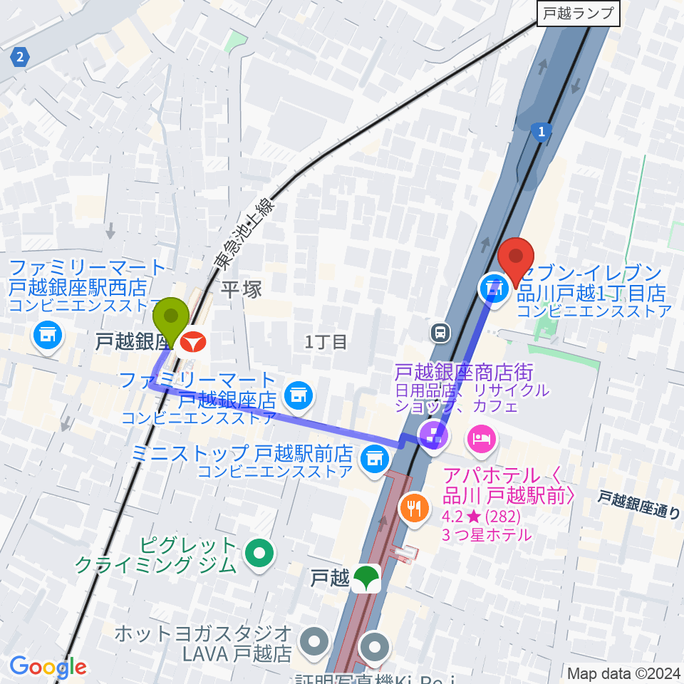 FMしながわ　の最寄駅戸越銀座駅からの徒歩ルート（約4分）地図