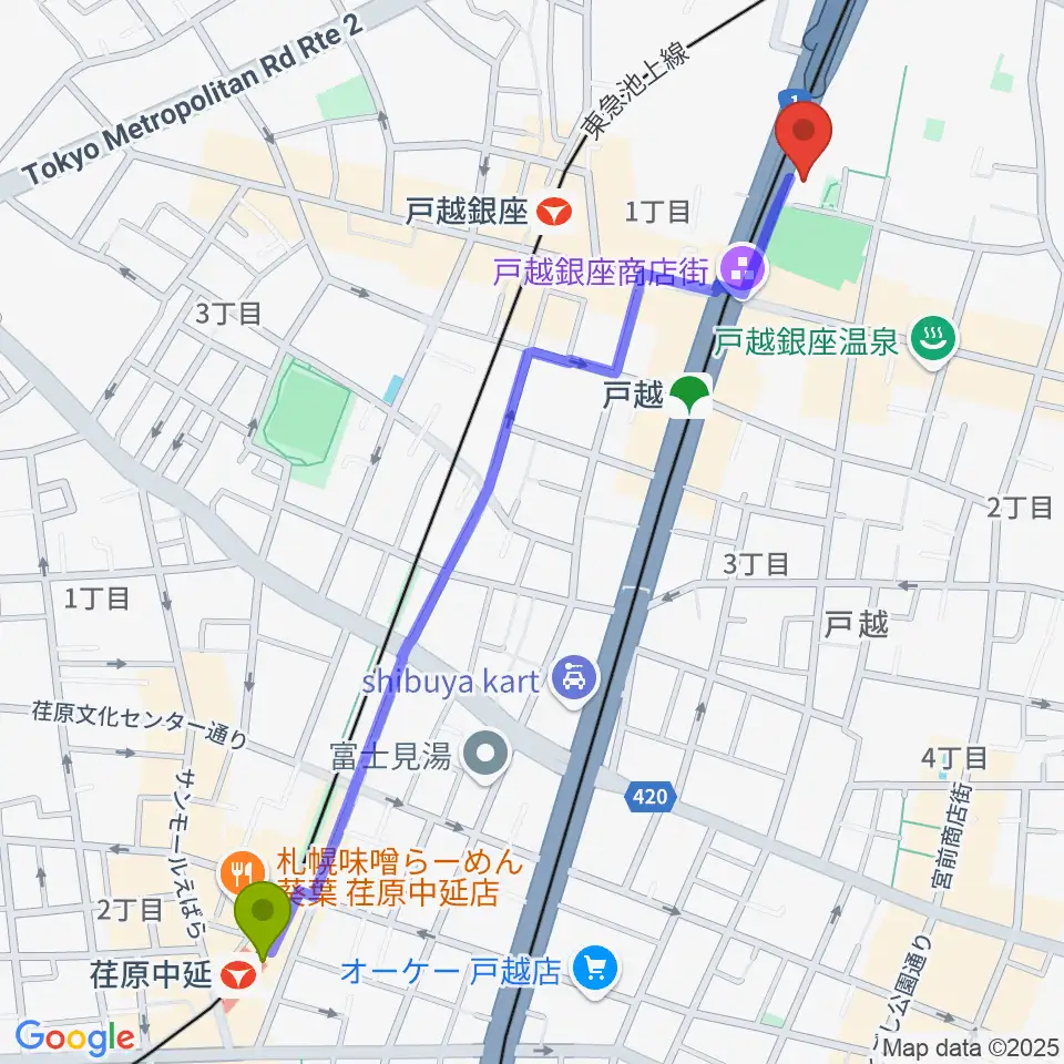 荏原中延駅からFMしながわへのルートマップ地図