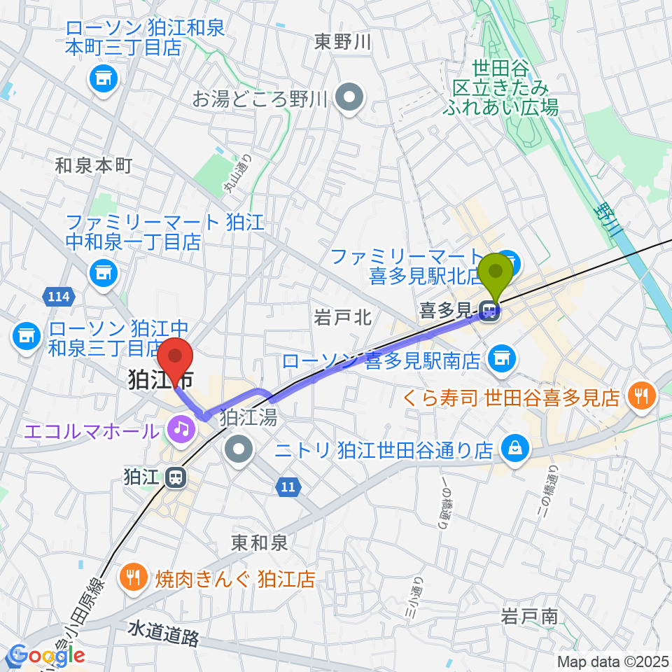 喜多見駅からコマラジ（狛江エフエム）へのルートマップ地図