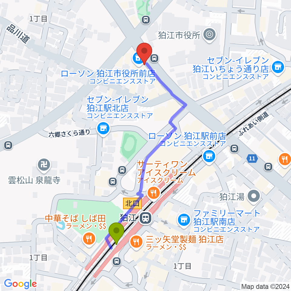 コマラジ（狛江エフエム）の最寄駅狛江駅からの徒歩ルート（約5分）地図