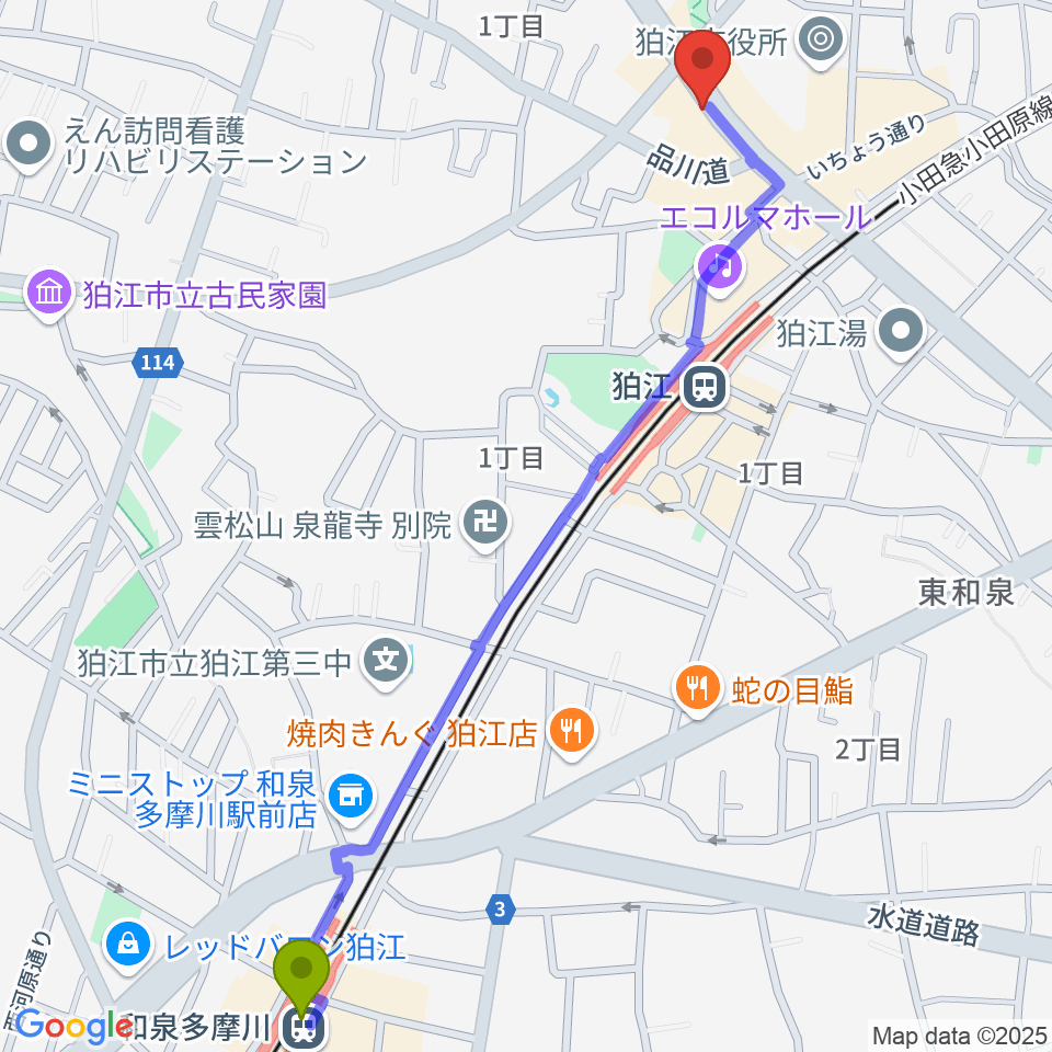 和泉多摩川駅からコマラジ（狛江エフエム）へのルートマップ地図