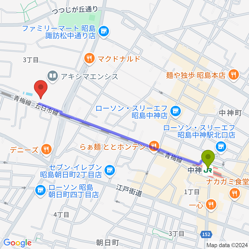 アキシマエンシスの最寄駅中神駅からの徒歩ルート（約11分）地図