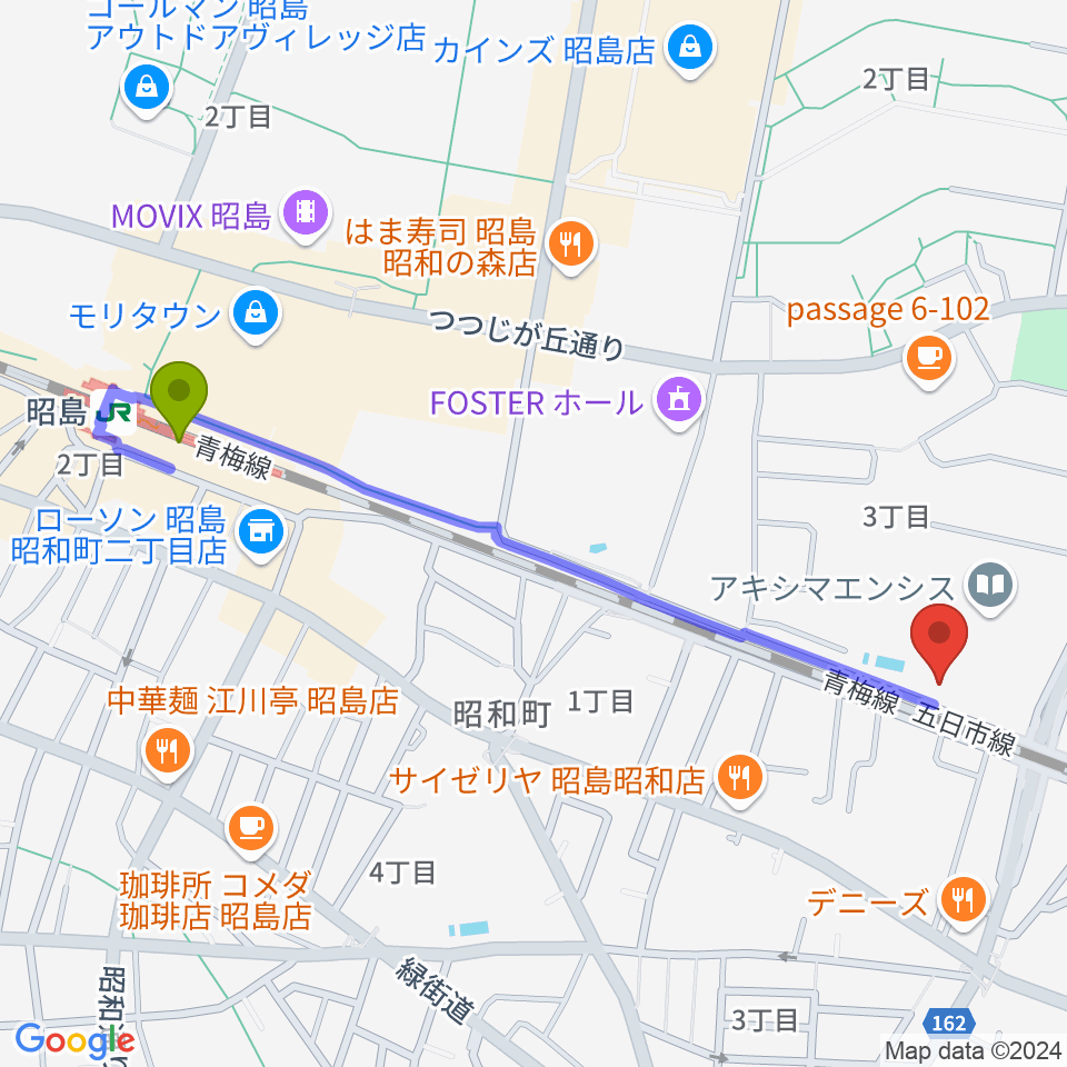 昭島駅からアキシマエンシスへのルートマップ地図