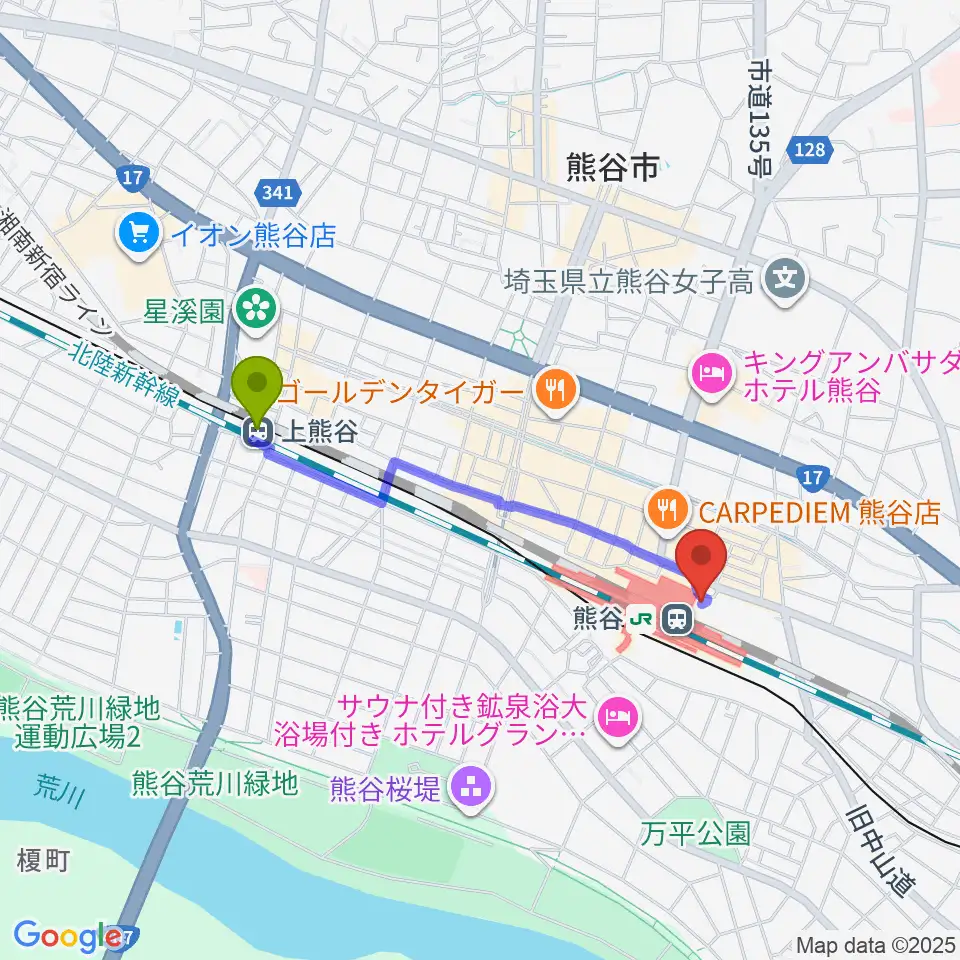 上熊谷駅からFMクマガヤへのルートマップ地図