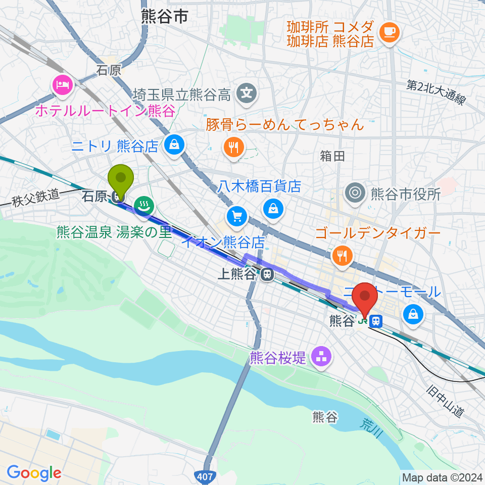 石原駅からFMクマガヤへのルートマップ地図