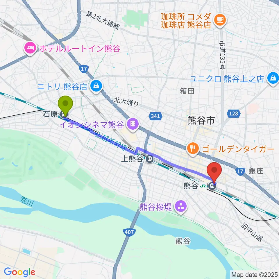 石原駅からFMクマガヤへのルートマップ地図