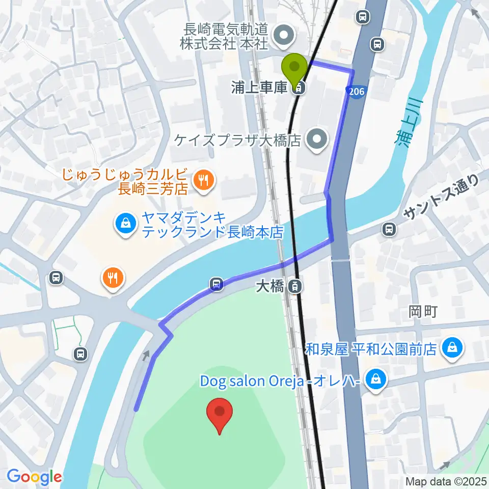 浦上車庫駅から長崎ビッグNスタジアム 長崎県営野球場へのルートマップ地図