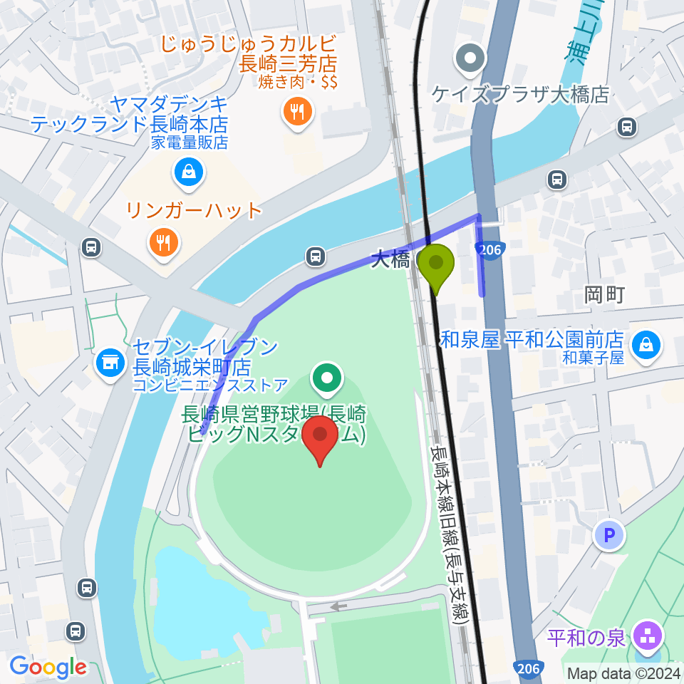 長崎ビッグNスタジアム 長崎県営野球場の最寄駅大橋駅からの徒歩ルート（約2分）地図