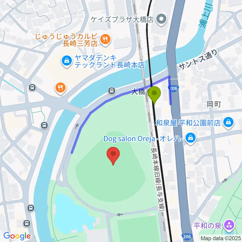 長崎ビッグNスタジアム 長崎県営野球場の最寄駅大橋駅からの徒歩ルート（約2分）地図