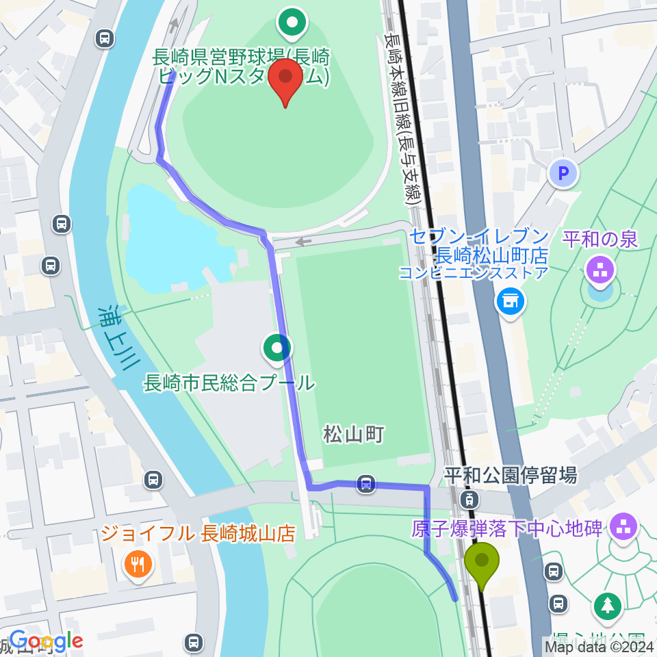 平和公園駅から長崎ビッグNスタジアム 長崎県営野球場へのルートマップ地図
