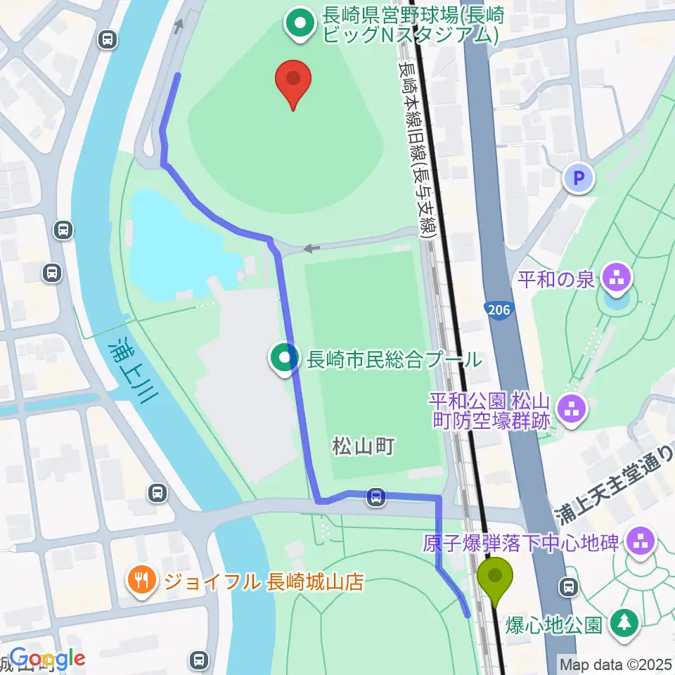 平和公園駅から長崎ビッグNスタジアム 長崎県営野球場へのルートマップ地図