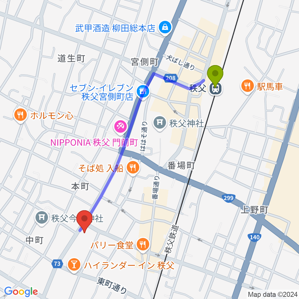 秩父駅からちちぶエフエムへのルートマップ地図