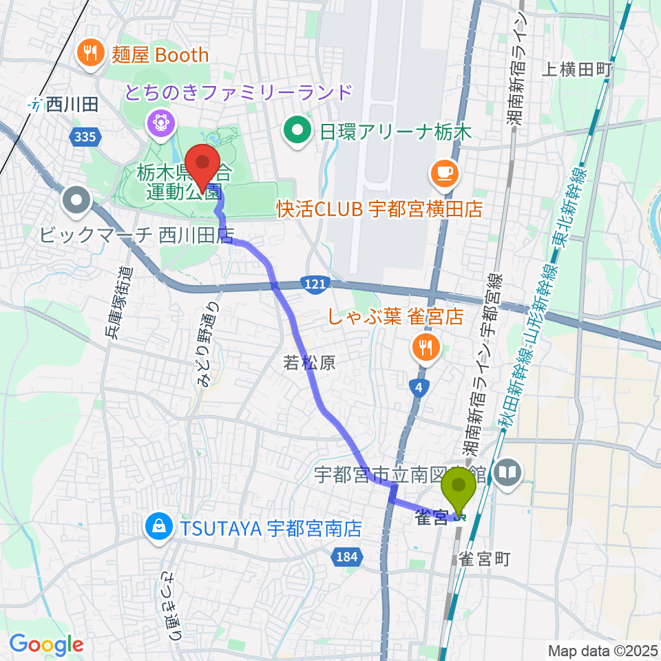 雀宮駅からエイジェックスタジアムへのルートマップ地図