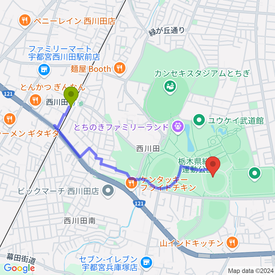 エイジェックスタジアムの最寄駅西川田駅からの徒歩ルート（約18分）地図