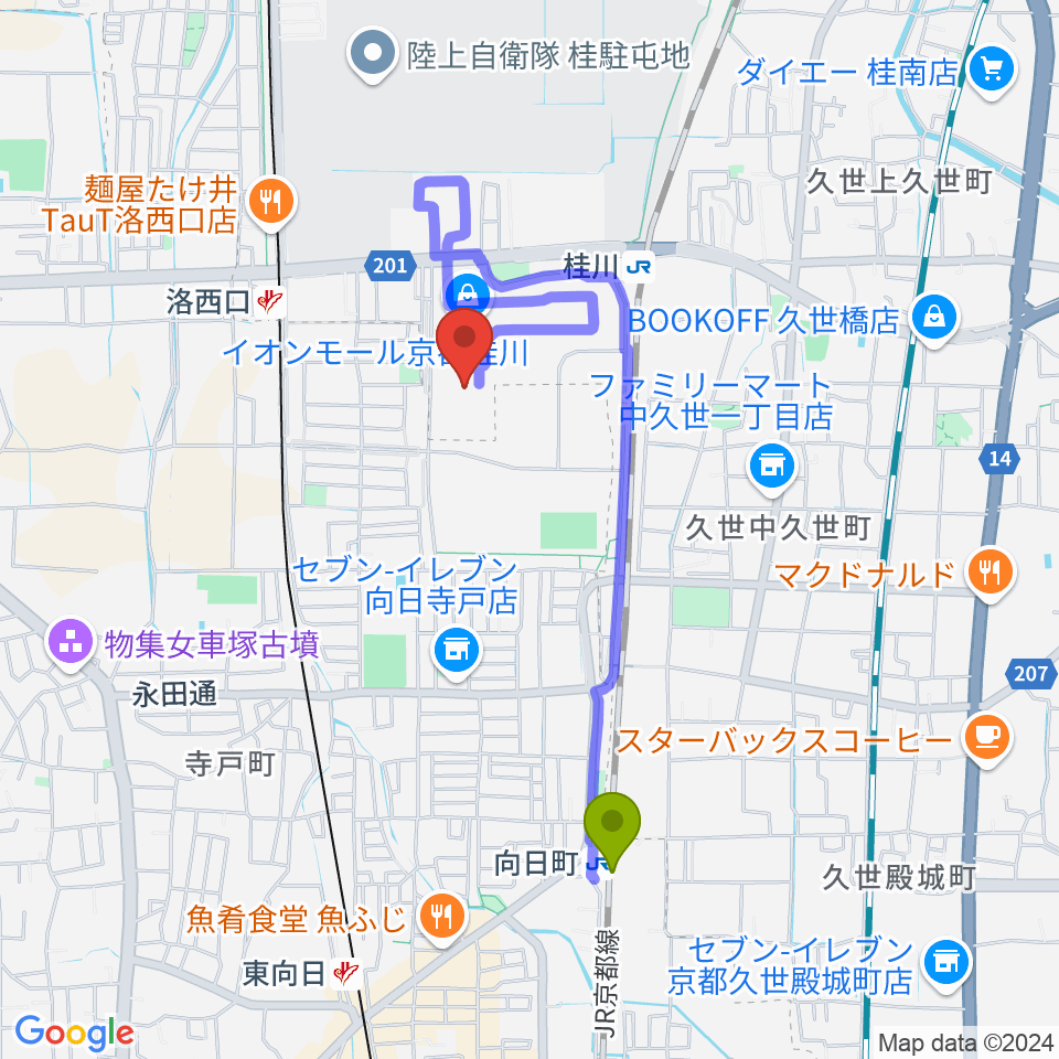 向日町駅からFMおとくにへのルートマップ地図