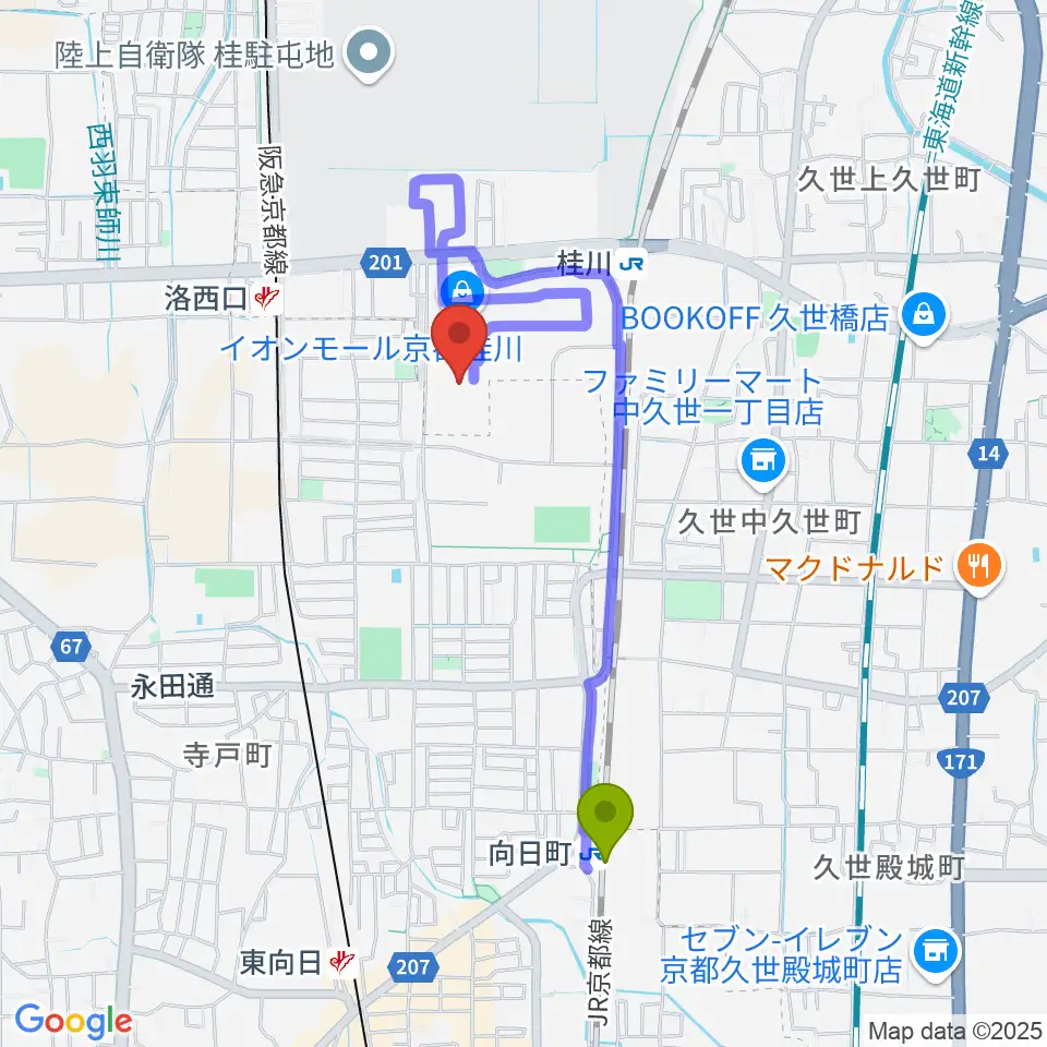 向日町駅からFMおとくにへのルートマップ地図