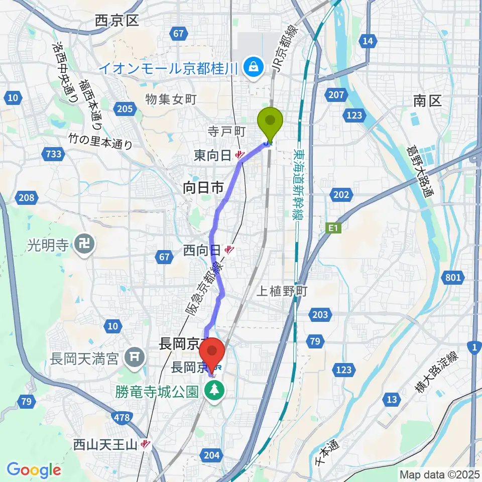 向日町駅からFMおとくにへのルートマップ地図