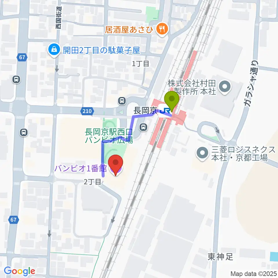 FMおとくにの最寄駅長岡京駅からの徒歩ルート（約2分）地図