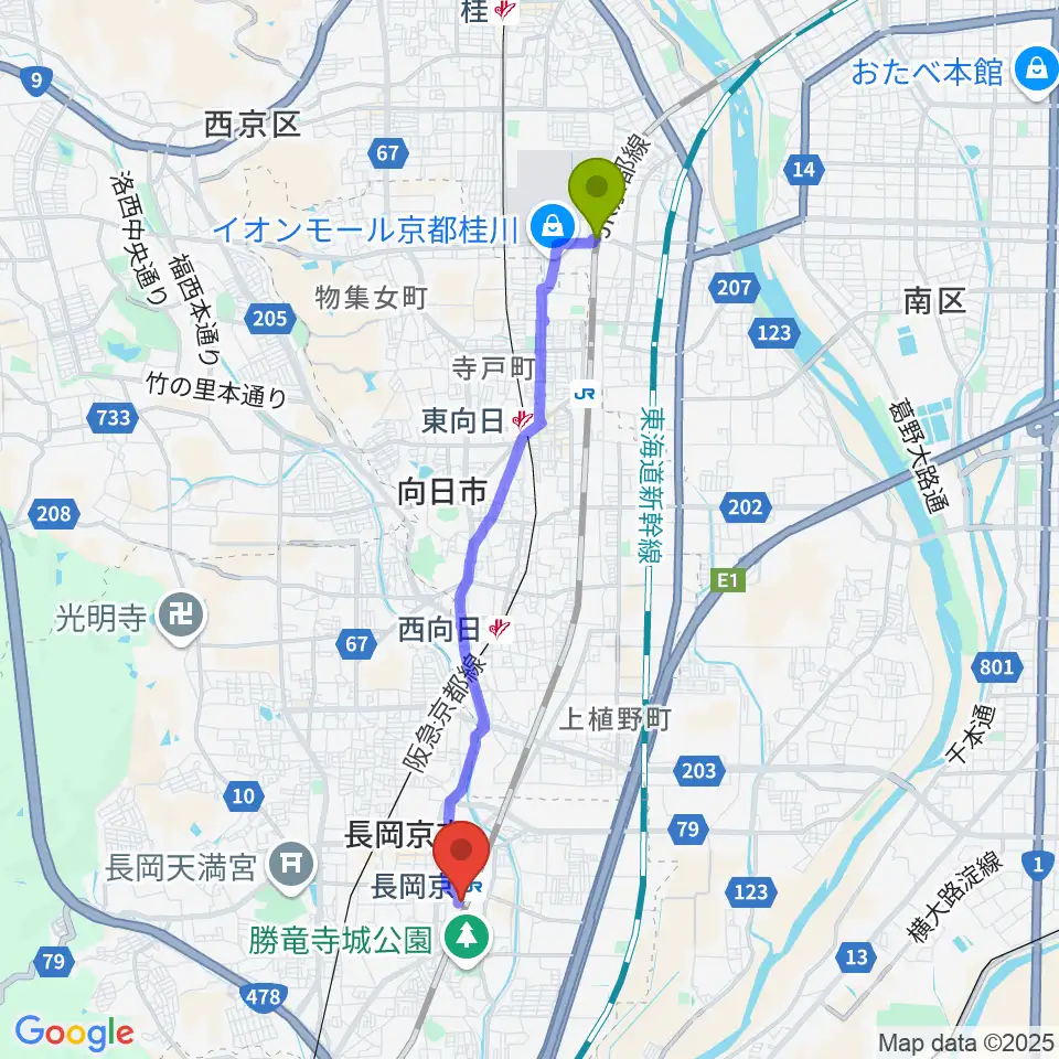 桂川駅からFMおとくにへのルートマップ地図