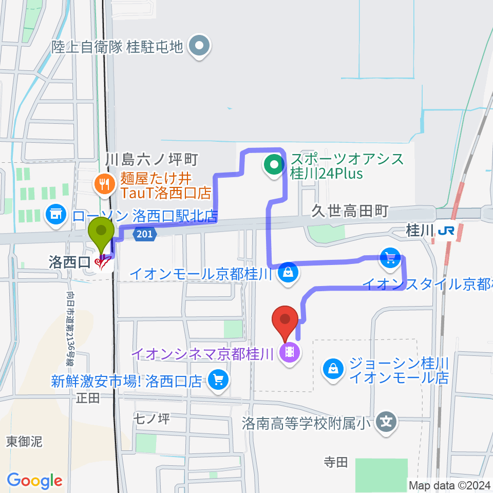 FMおとくにの最寄駅洛西口駅からの徒歩ルート（約6分）地図