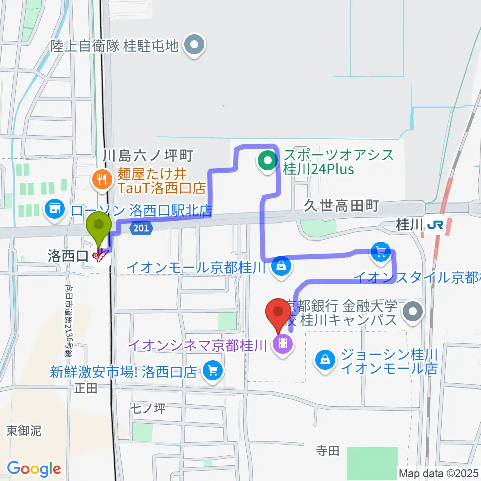 FMおとくにの最寄駅洛西口駅からの徒歩ルート（約6分）地図