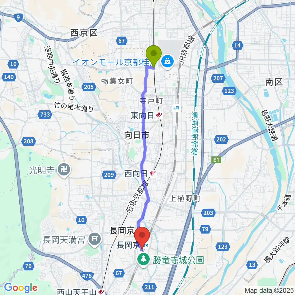 洛西口駅からFMおとくにへのルートマップ地図