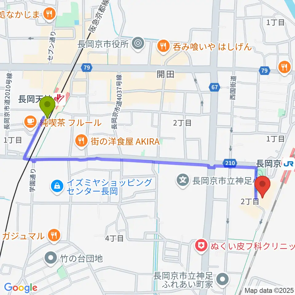 長岡天神駅からFMおとくにへのルートマップ地図