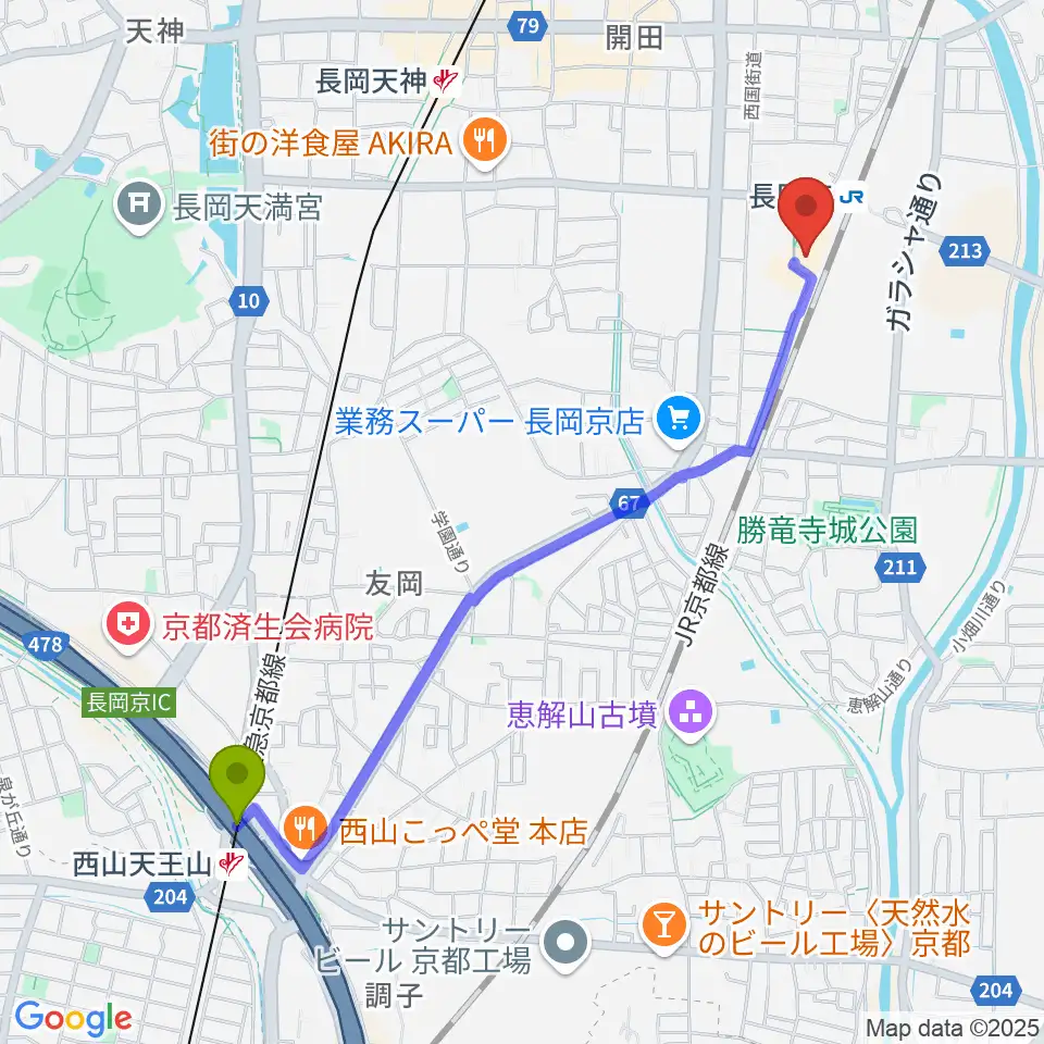 西山天王山駅からFMおとくにへのルートマップ地図