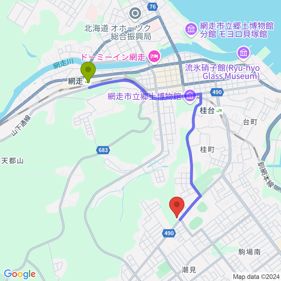 網走駅からFMあばしりへのルートマップ地図