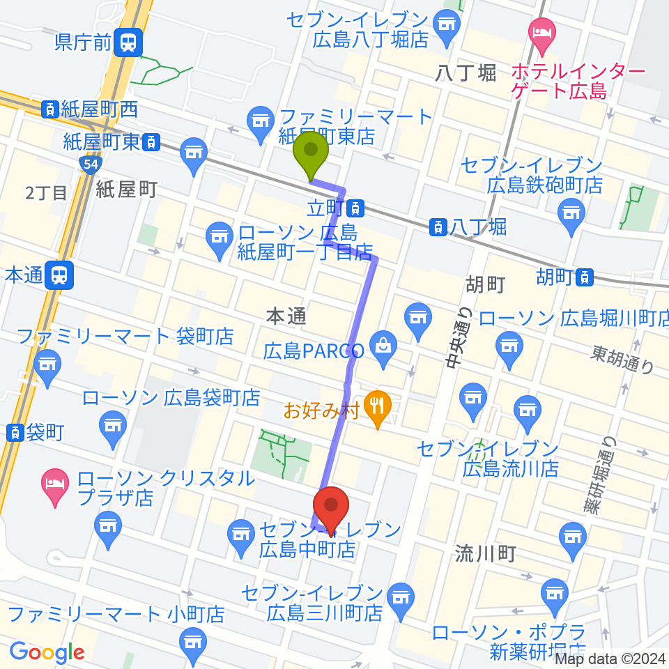 立町駅から広島STUDIO25へのルートマップ地図
