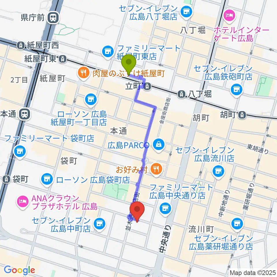 立町駅から広島STUDIO25へのルートマップ地図