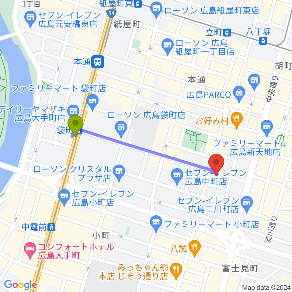 袋町駅から広島STUDIO25へのルートマップ地図