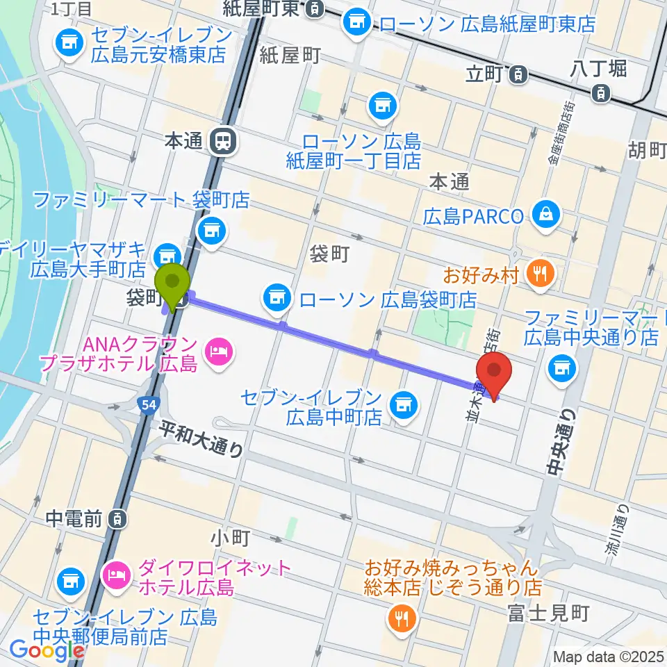 袋町駅から広島STUDIO25へのルートマップ地図
