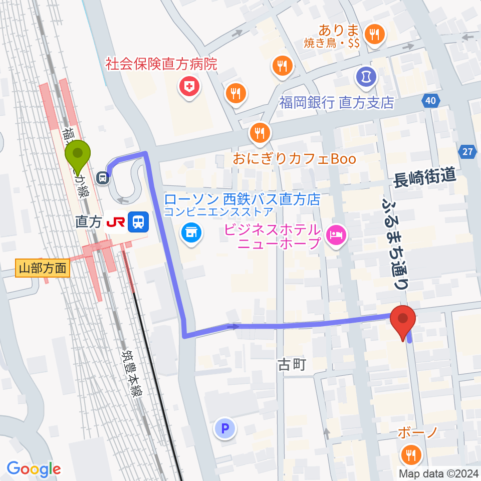 FMちょっくらじおの最寄駅直方駅からの徒歩ルート（約6分）地図